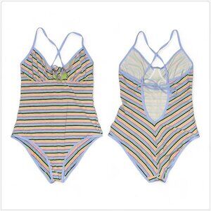 Moschino Mare Pastel Stripe One Piece Swimsuit Bathing Suit Flower Trim 38 / XL